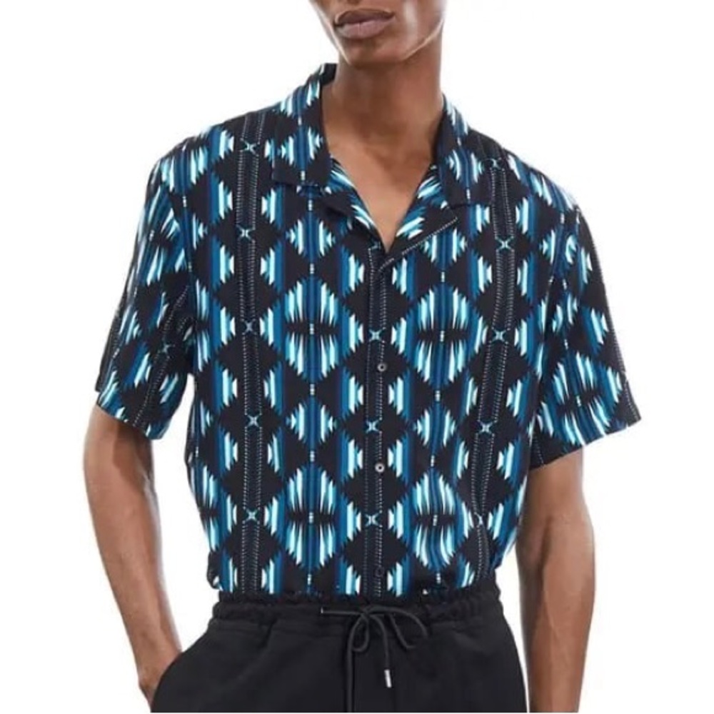 The Kooples Paris Southwestern‎ Camp Shirt Black & Ice Blue Pattern Rock Chic S